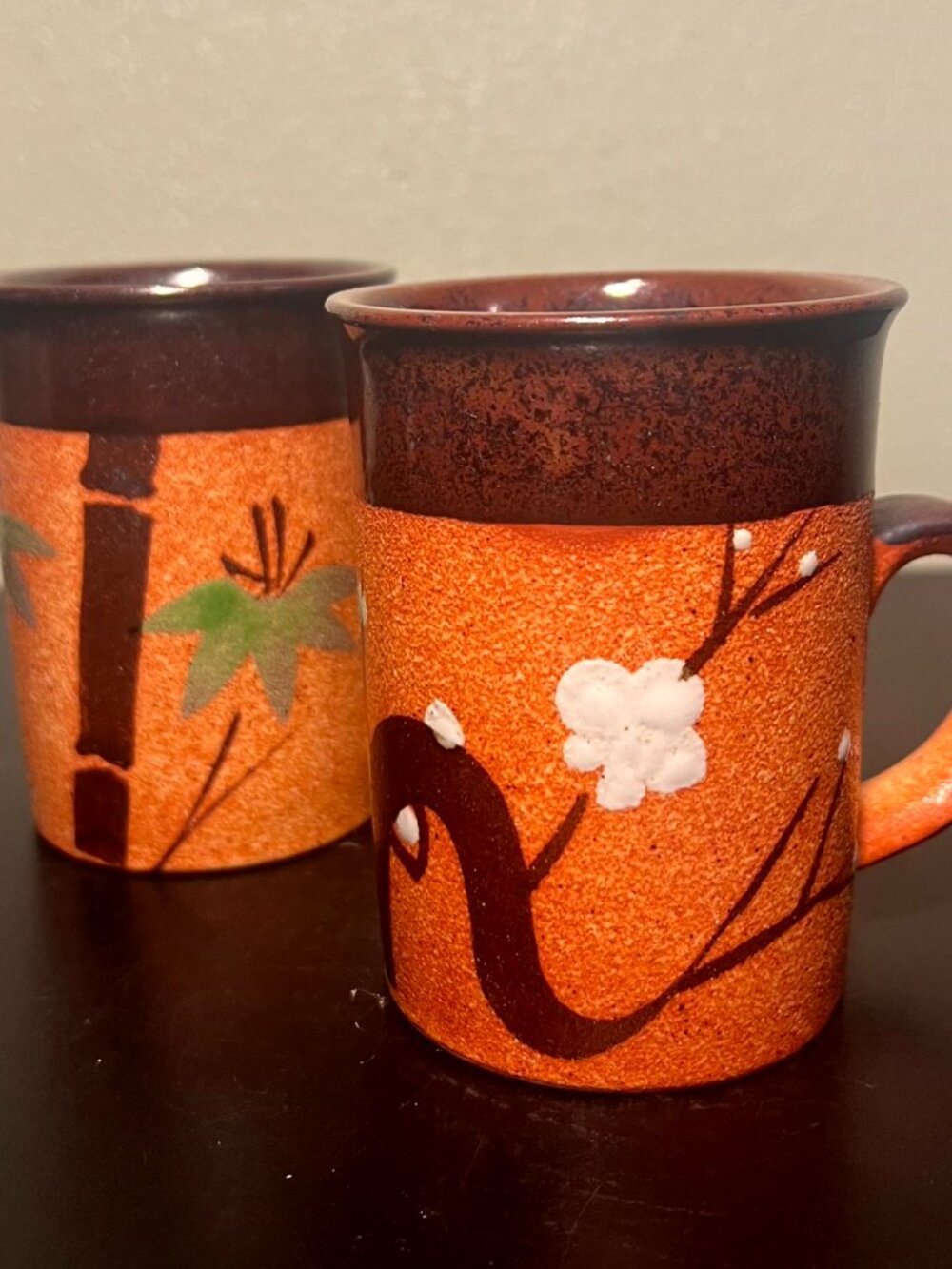 Vintage Handcrafted Stoneware Mugs Hand Painted Bamboo Cherry Blossoms Set of 2